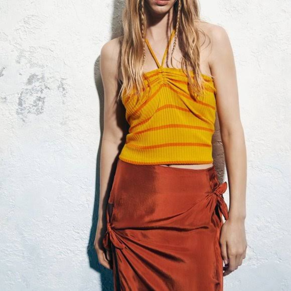 Zara Ribbed Yellow And Orange Striped Halter Top